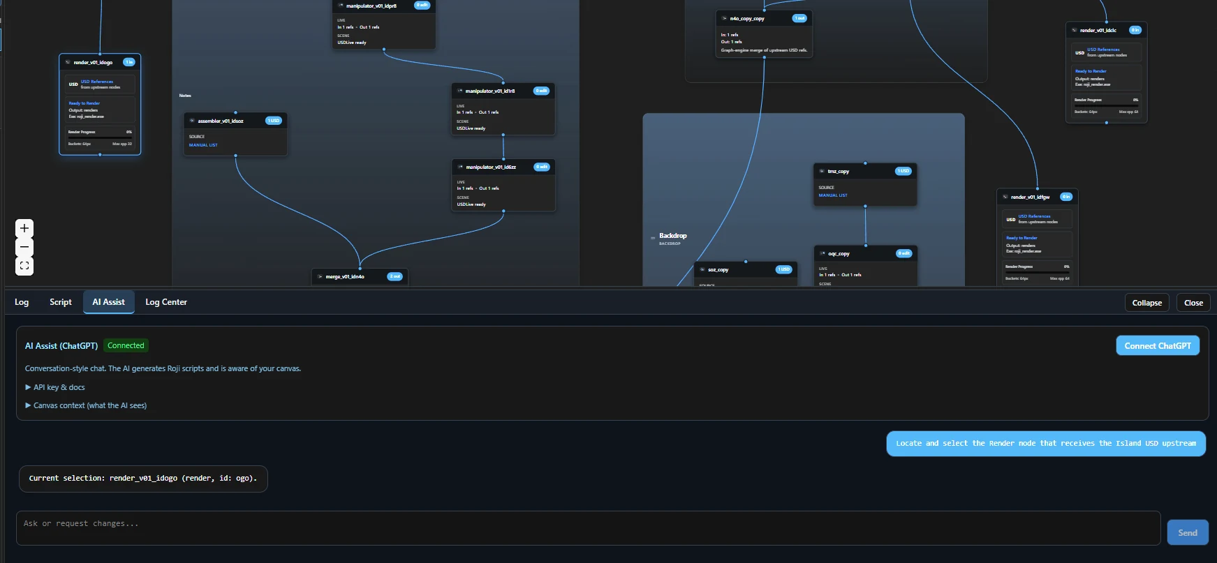 AI Assist in Roji: a request in plain words, and the Render node it found selected on the graph.