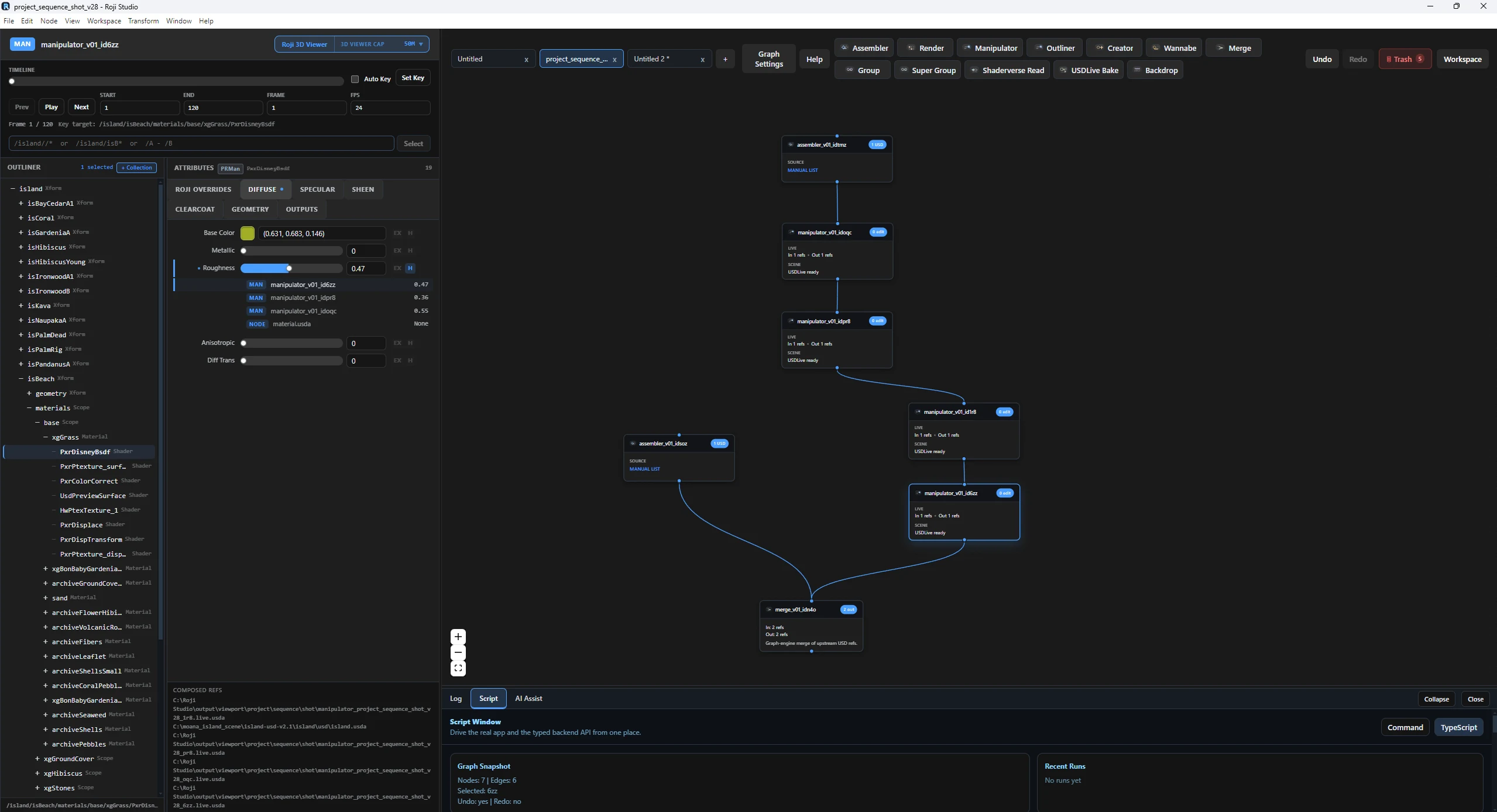 Roji with a Manipulator node selected on the Moana Island Scene: the outliner, a shader's attributes with per-node history, the timeline and a seven node graph.