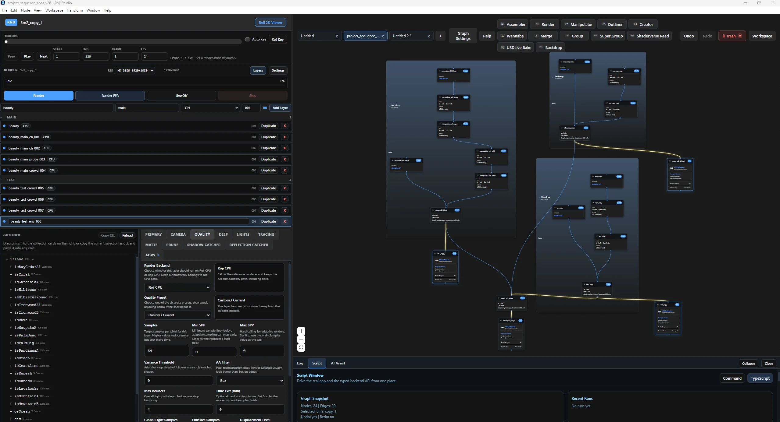 Roji with a Render node selected: nine render layers, the quality settings for one layer, and a graph with four Render nodes placed at different points.
