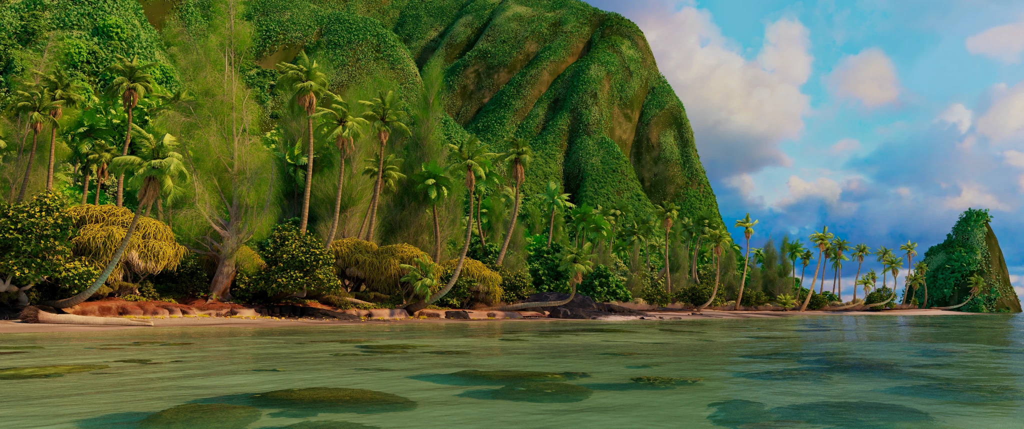 The Moana Island Scene rendered by Roji Render in one take: a jungle hillside of palms above a beach and clear shallow water.