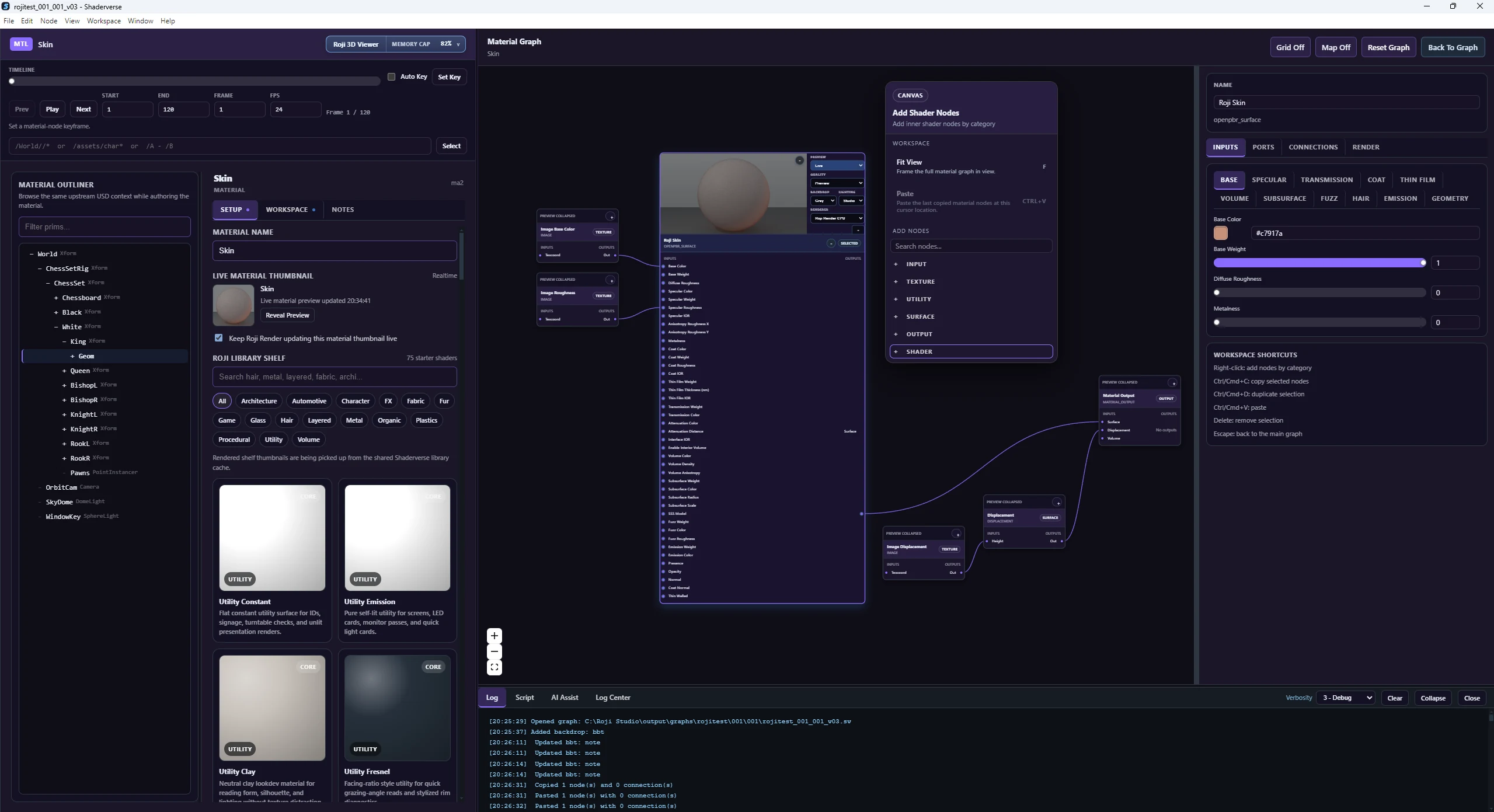 The Skin material's own graph in Shaderverse: an OpenPBR surface node with a live preview, image nodes for colour and roughness, and the inspector open on the base lobe.
