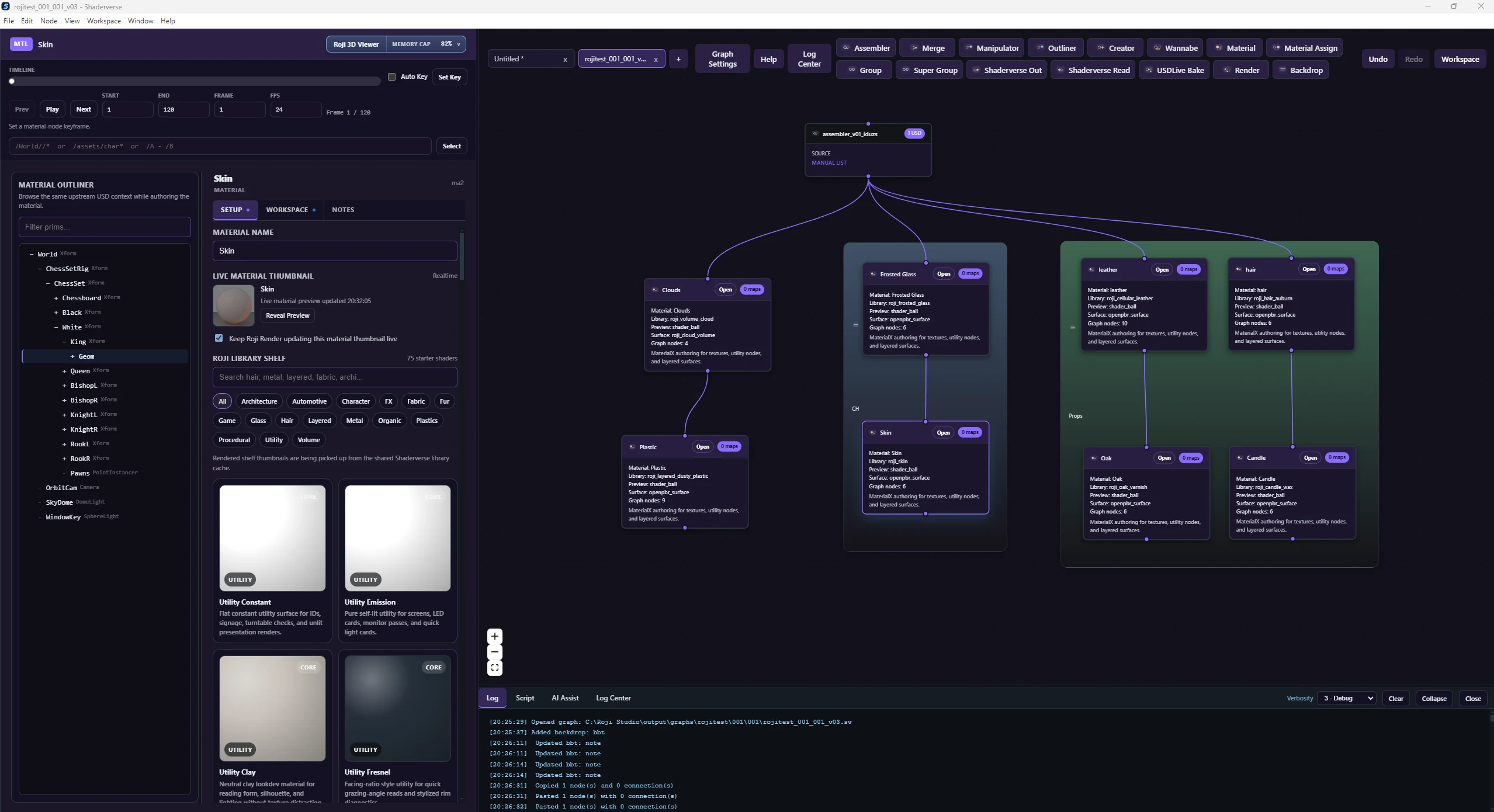 Shaderverse with the Skin material selected: the material outliner, a live thumbnail, the library shelf of starter shaders, and a graph of eight materials grouped on backdrops.