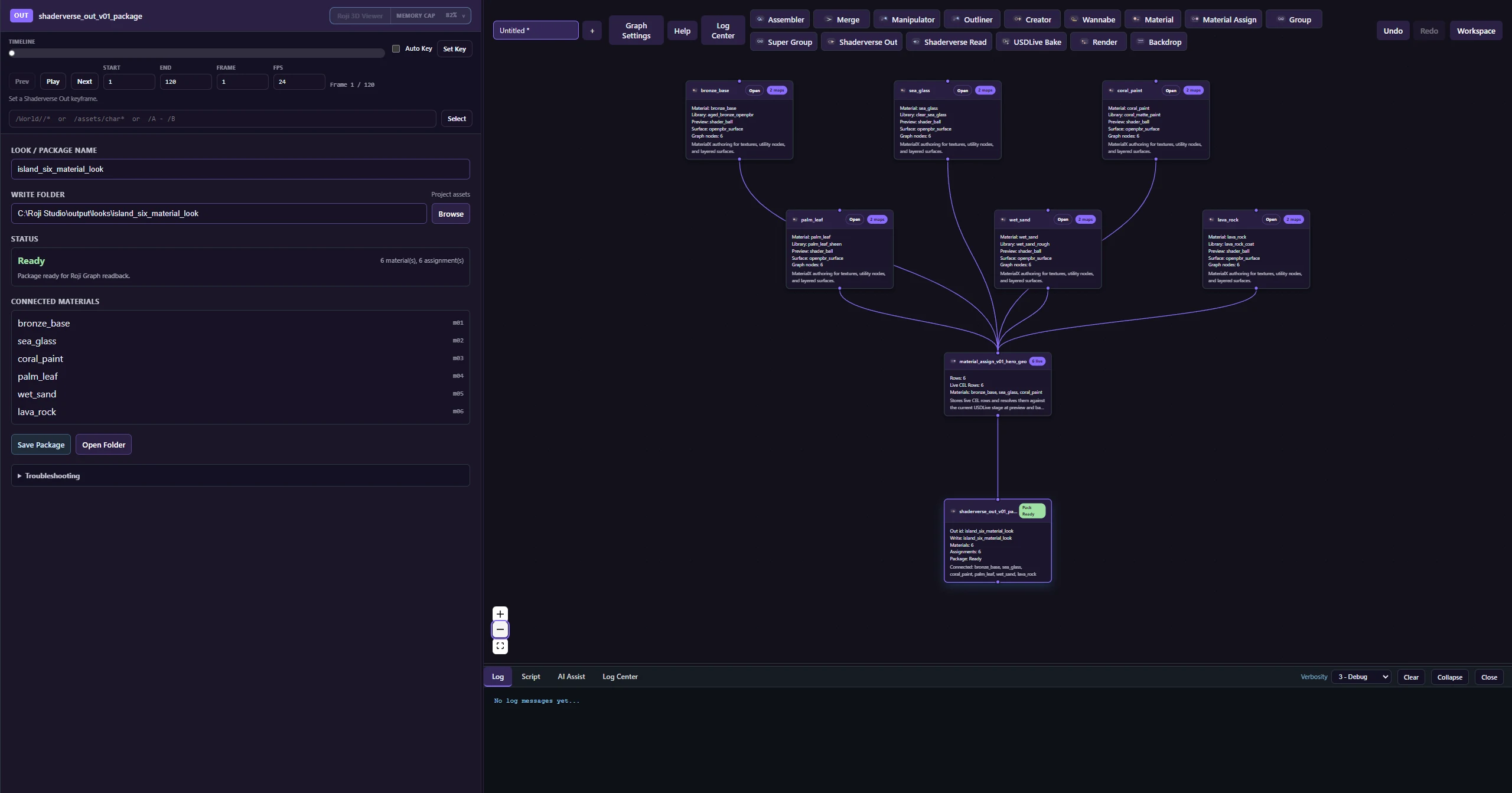 A Shaderverse package: six materials wired through Material Assign into Shaderverse Out, with the package marked ready.