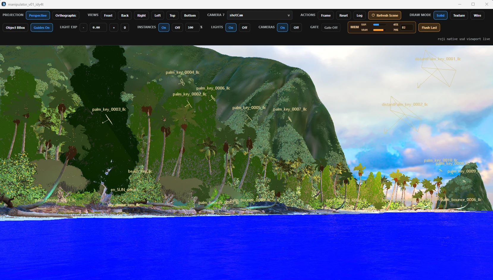 The Roji 3D Viewer on a 71 GB USD island scene, with labelled lights and the memory readout under its caps.