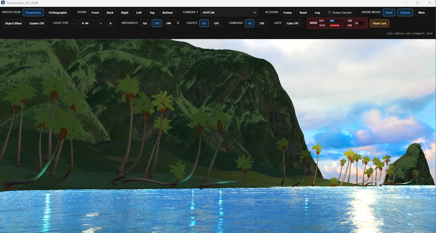 The Roji 3D Viewer in texture mode on the same island, with the VRAM readout over its cap.