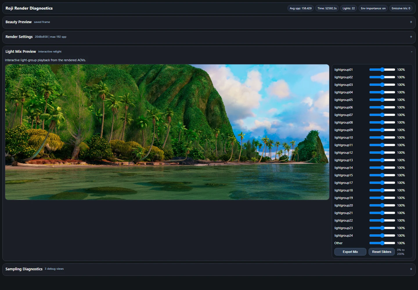 A Roji render stats file open in a browser: render diagnostics, the island render and a slider for each of 24 light groups.