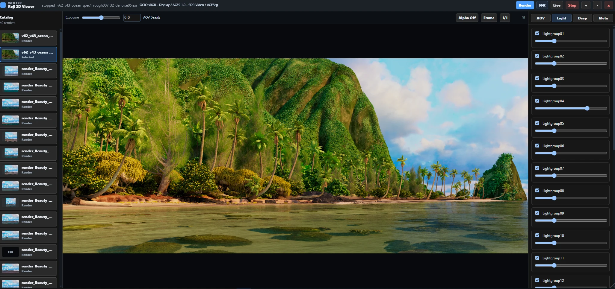 Roji Web EXR in a browser: the render catalog, the island render with its colour transform named at the top, and light group sliders.