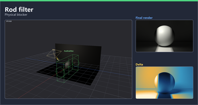 Rod light filter: physical blocker viewport guide with final render and delta proof