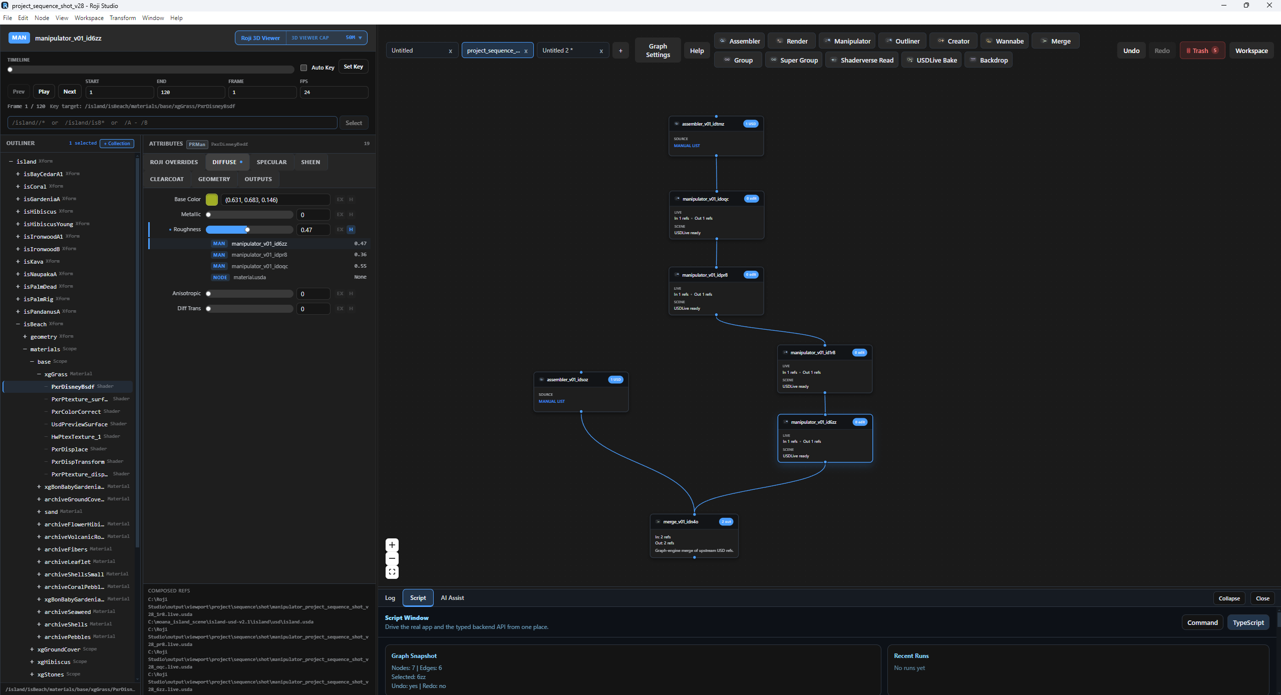 Manipulator node with outliner, attributes, timeline, and graph canvas