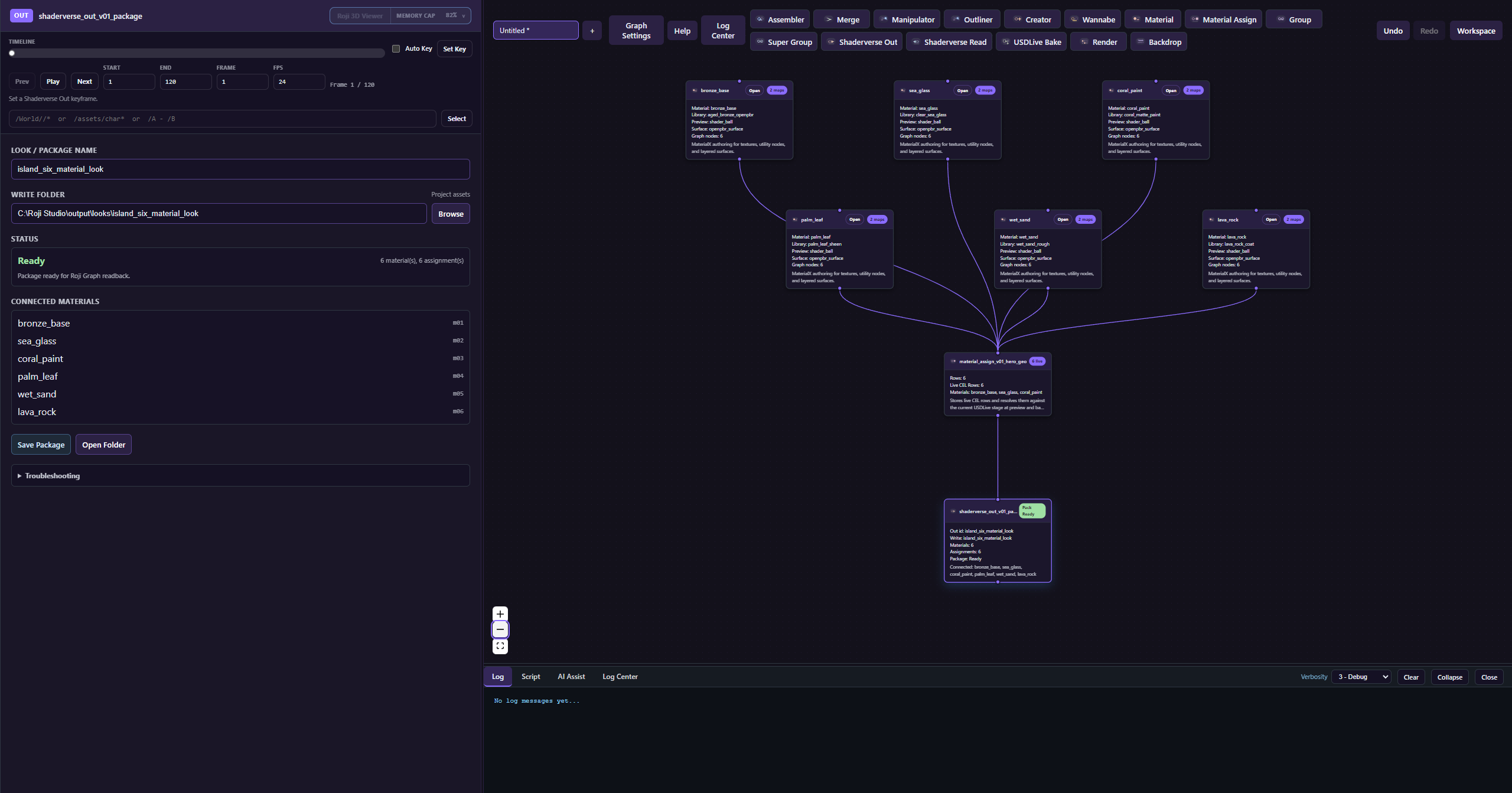 Shaderverse package export graph with six materials connected to Material Assign and Shaderverse Out